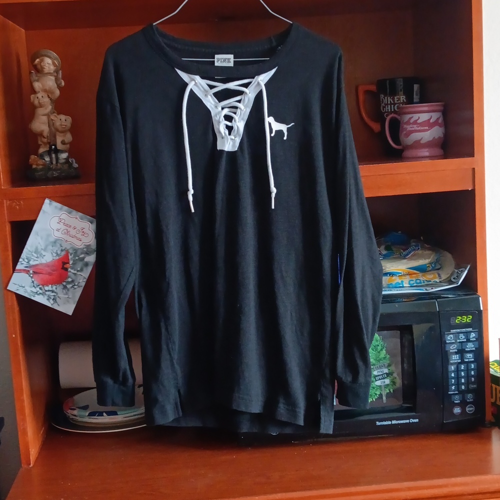 Victoria Secret shirt small black with yellow orange plaid letters on back
